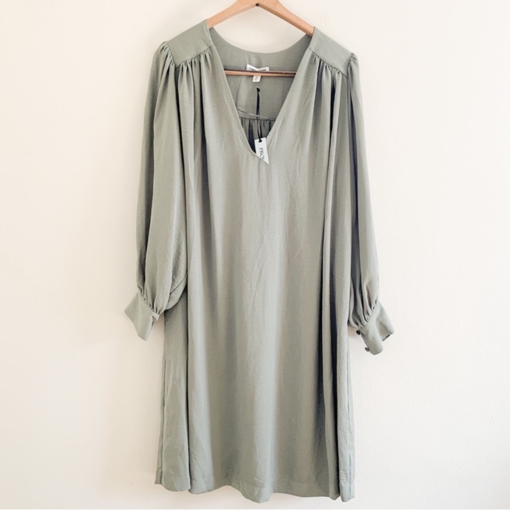 Prologue Long Sleeve Oversized Casual Mini Shirt Dress Sage Green Comfy Flowy